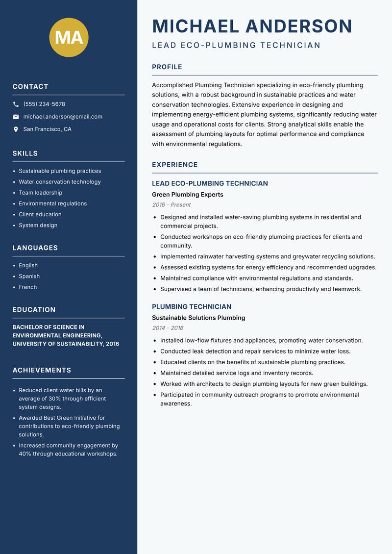 Plumbing Technician Resume Preview Example