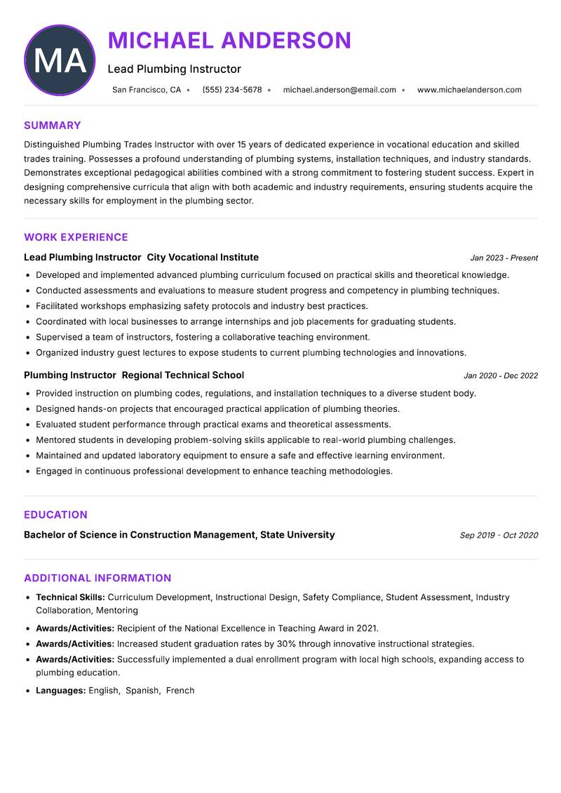 Plumbing Trades Instructor Resume Preview Example
