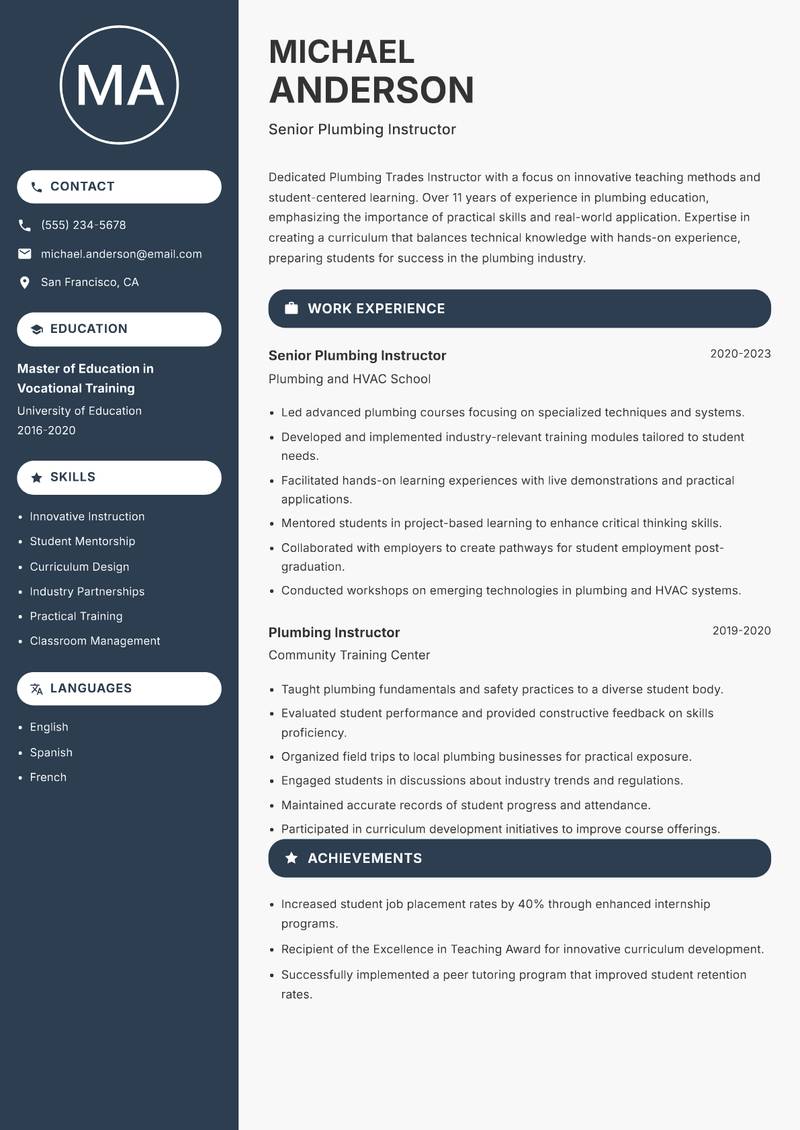 Plumbing Trades Instructor Resume Preview Example