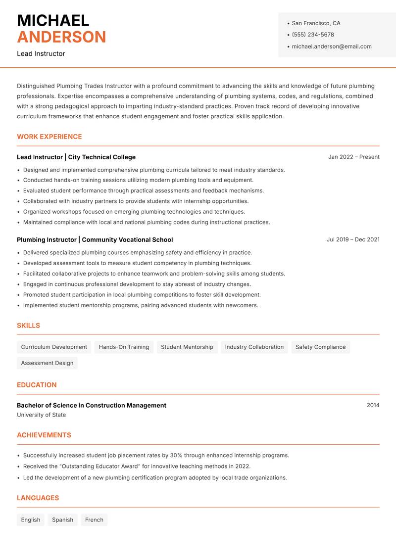 Plumbing Trades Instructor Resume Template