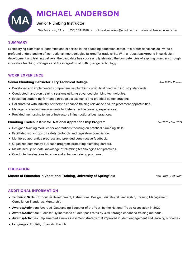 Plumbing Trades Trainer Resume Preview Example