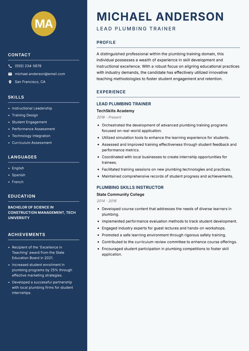 Plumbing Trades Trainer Resume Preview Example