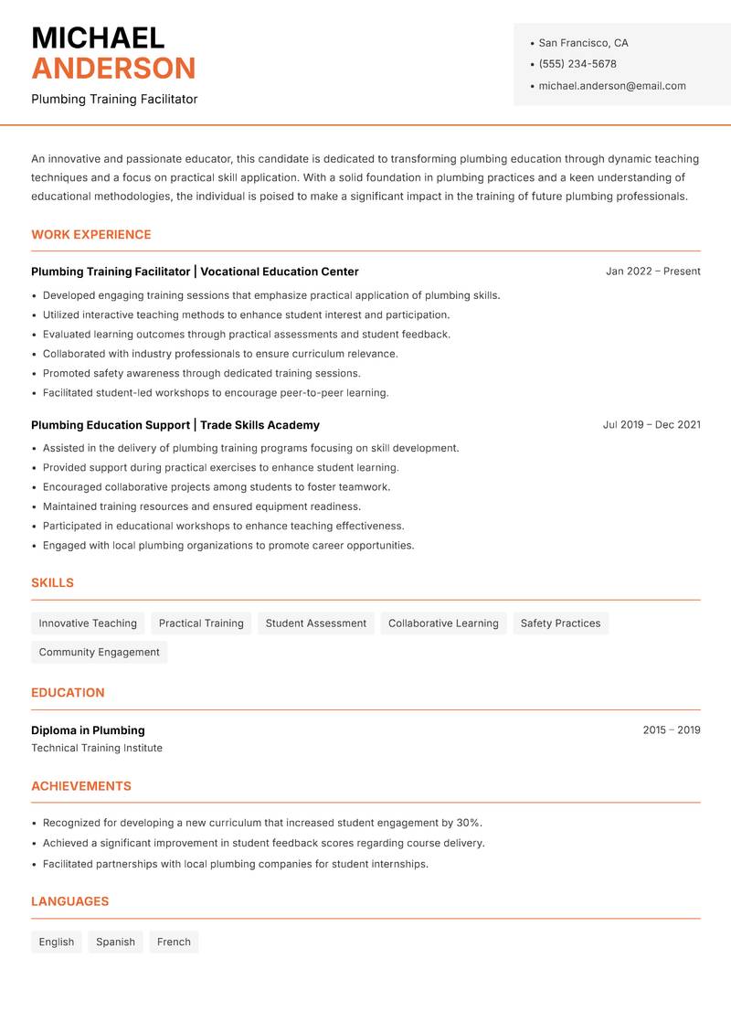 Plumbing Trades Trainer Resume Template