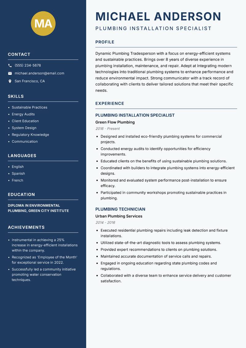 Plumbing Tradesperson Resume Preview Example
