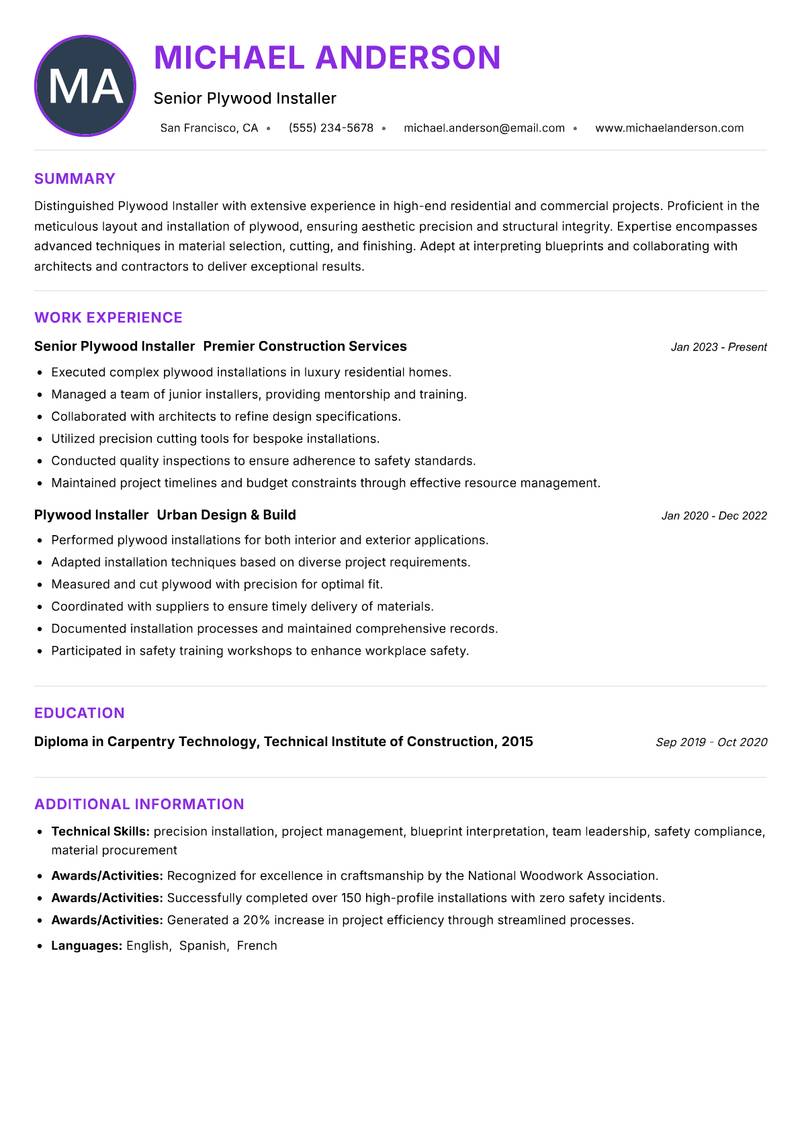Plywood Installer Resume Preview Example