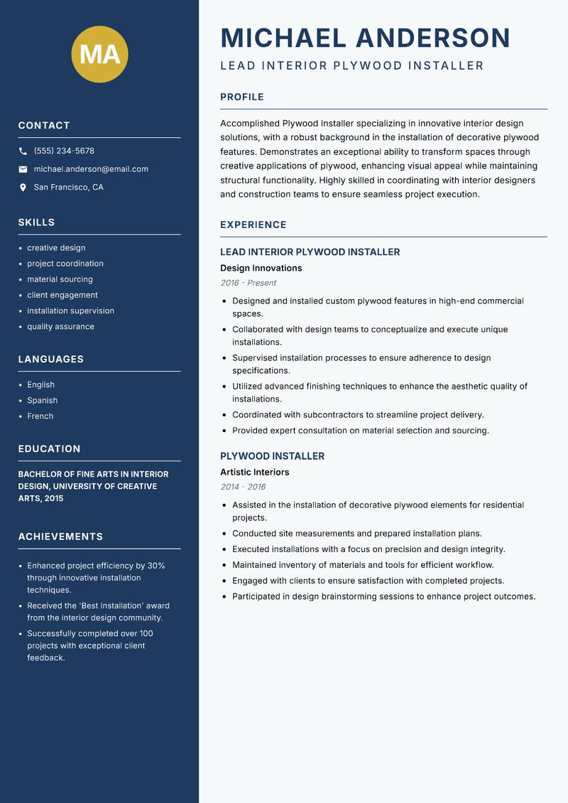 Plywood Installer Resume Preview Example