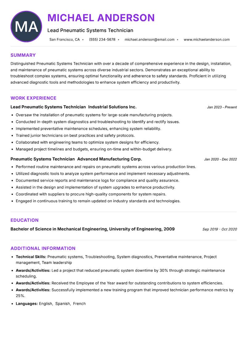 Pneumatic Systems Technician Resume Preview Example