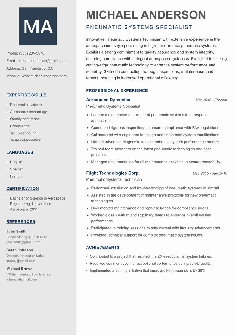 Pneumatic Systems Technician Resume Preview Example
