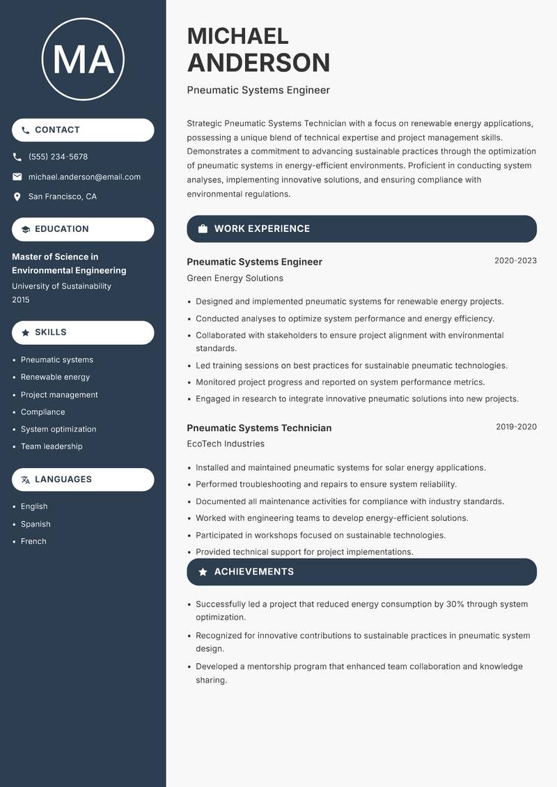 Pneumatic Systems Technician Resume Preview Example