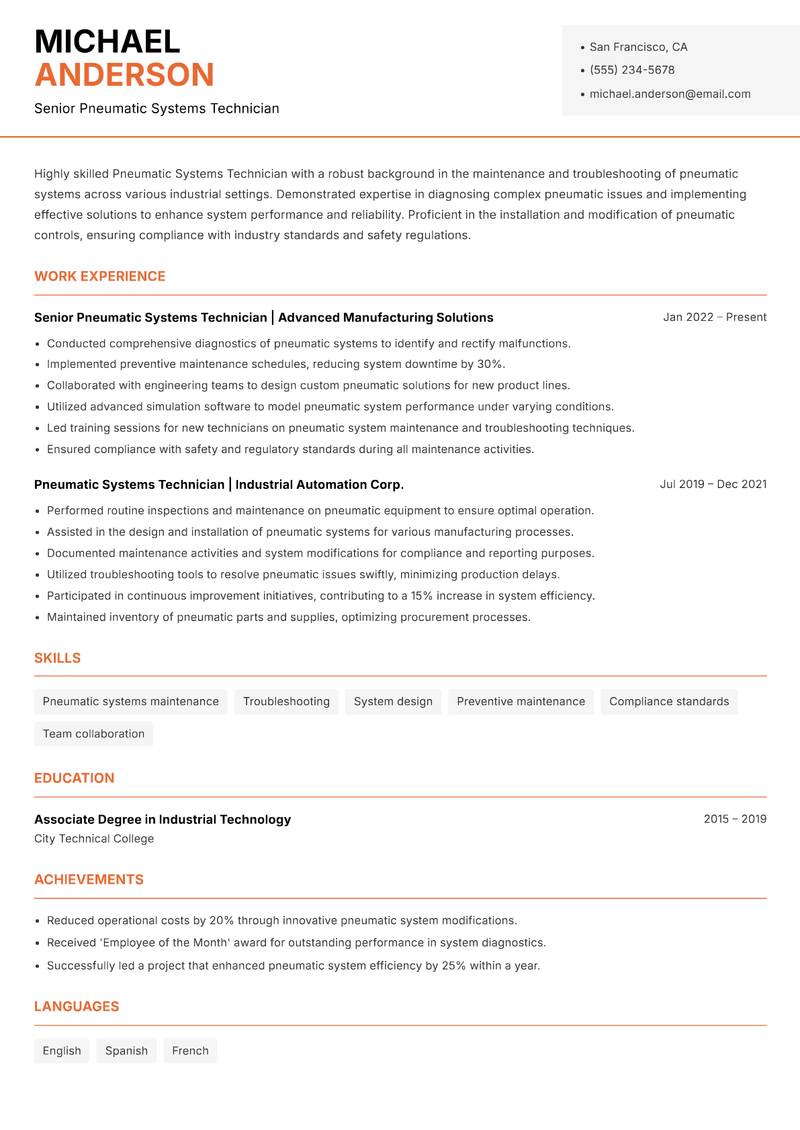 Pneumatic Systems Technician Resume Template