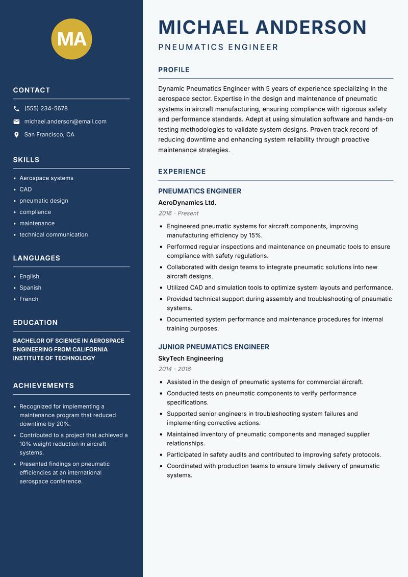 Pneumatics Engineer Resume Preview Example