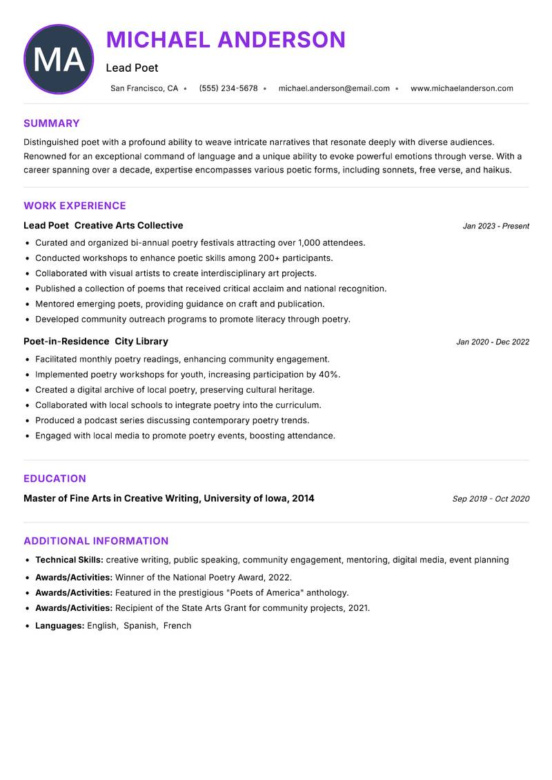 Poet Resume Preview Example