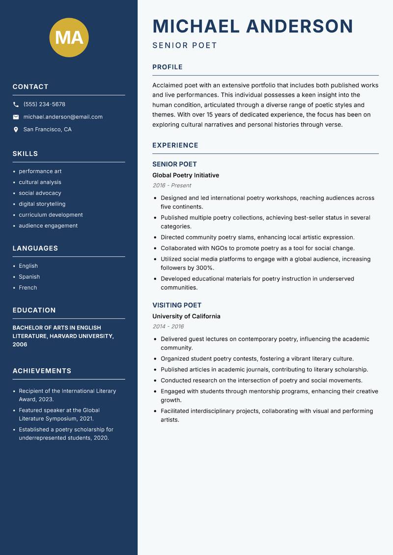 Poet Resume Preview Example