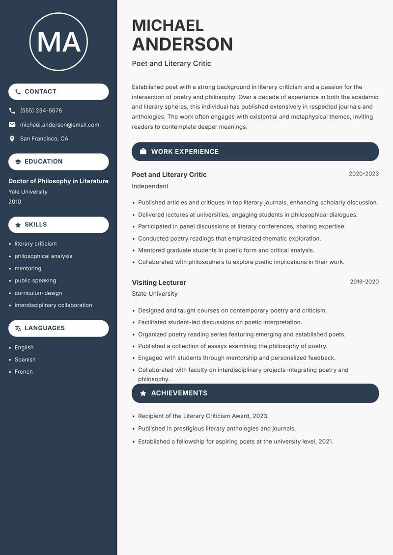 Poet Resume Preview Example