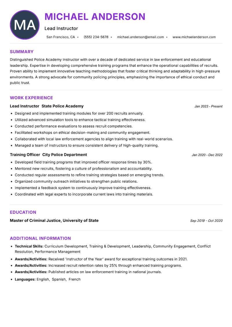 Police Academy Instructor Resume Preview Example