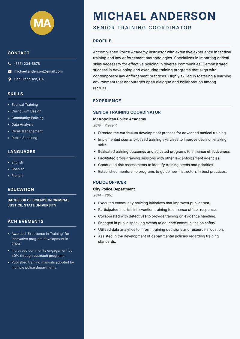 Police Academy Instructor Resume Preview Example
