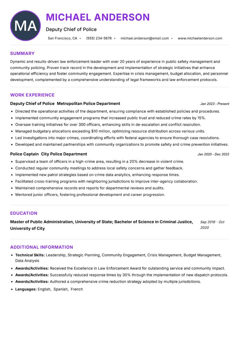 Police Commissioner Resume Preview Example