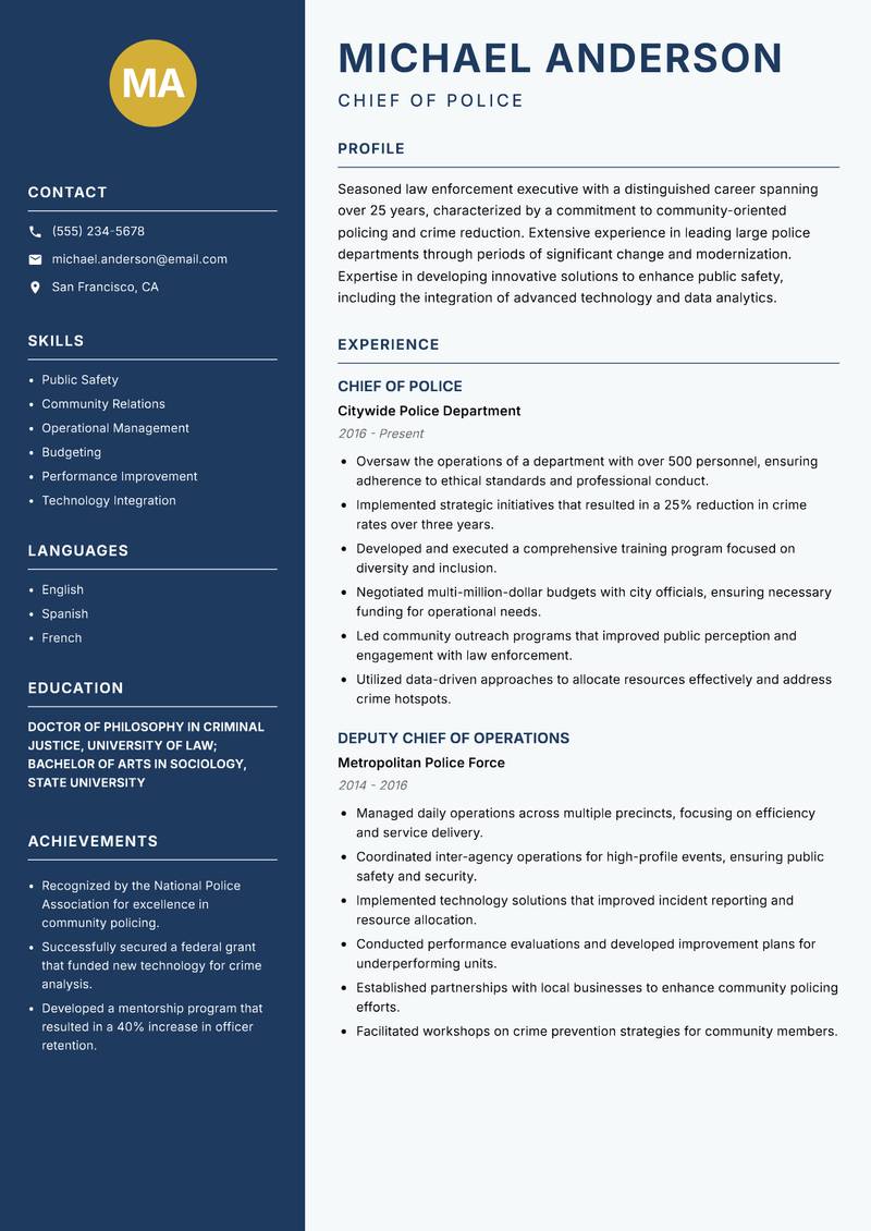 Police Commissioner Resume Preview Example