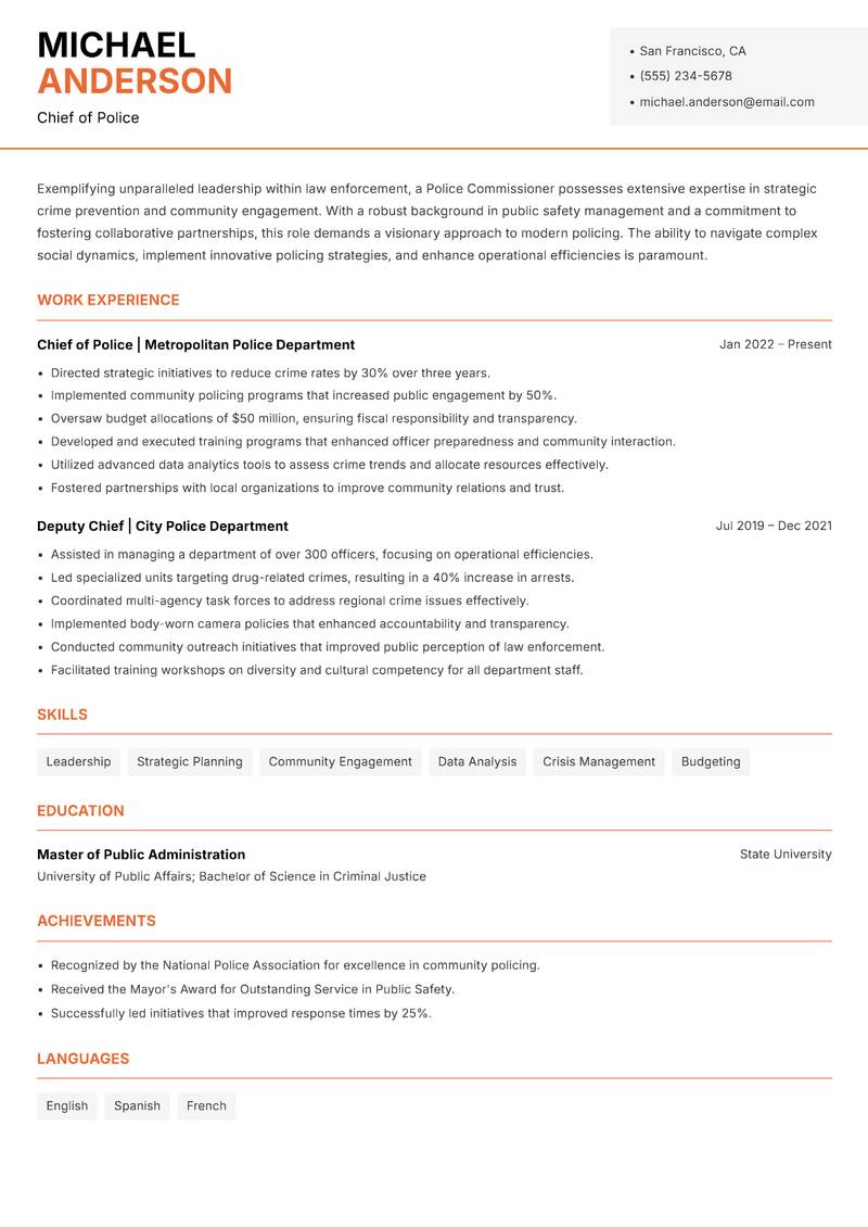 Police Commissioner Resume Template