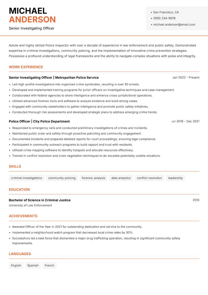 Police Inspector Resume Template
