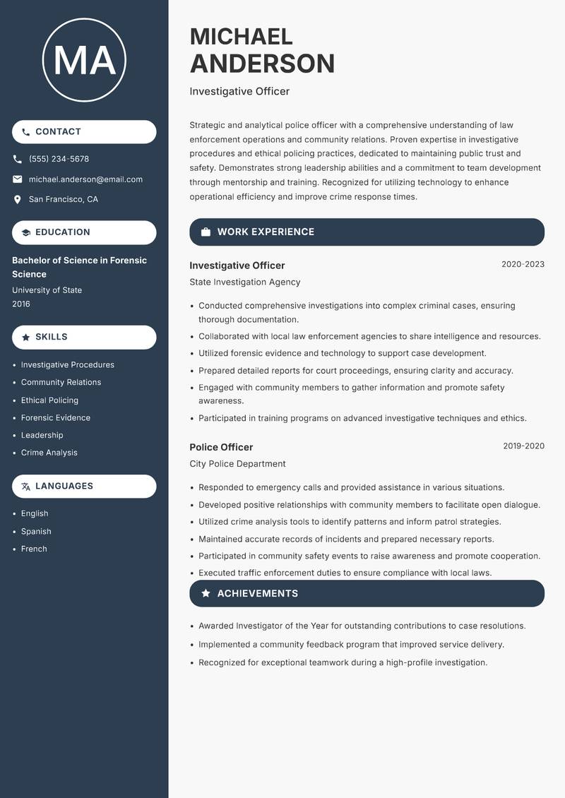 Police Officer Resume Preview Example