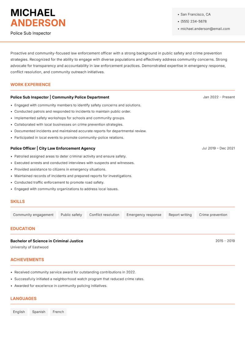 Police Sub Inspector Resume Template