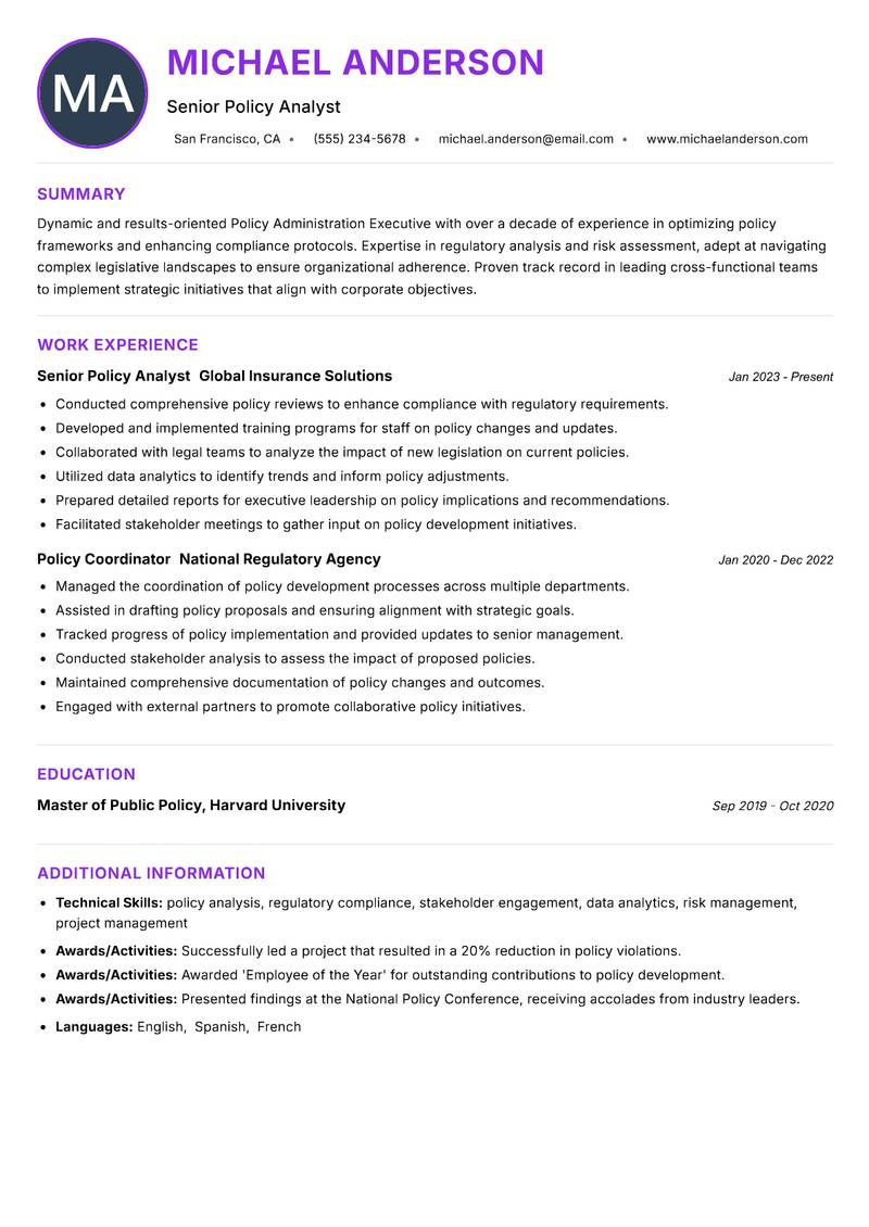 Policy Administration Executive Resume Preview Example
