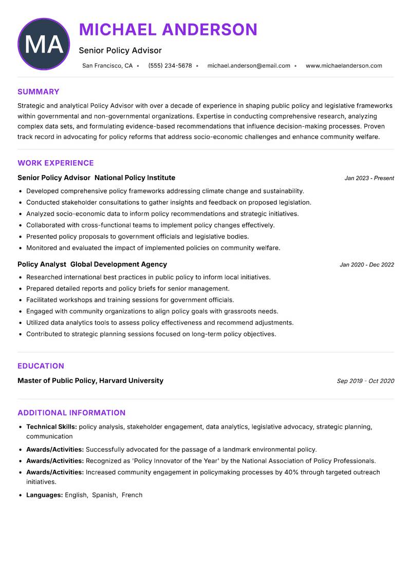 Policy Advisor Resume Preview Example