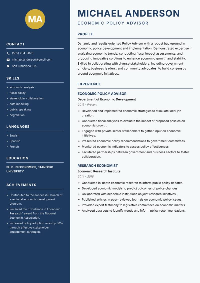 Policy Advisor Resume Preview Example