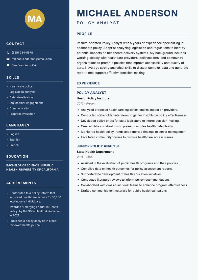 Policy Analyst Resume Preview Example