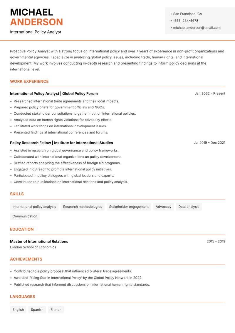 Policy Analyst Resume Template