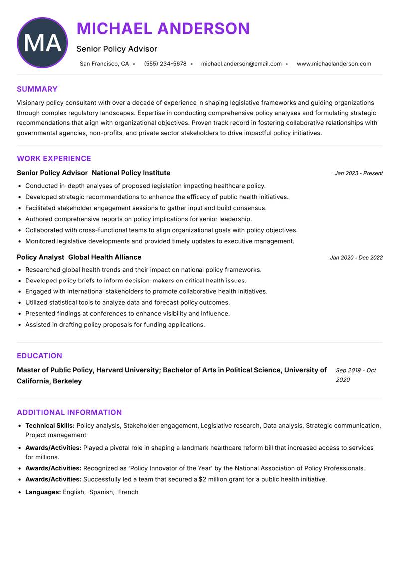 Policy Consultant Resume Preview Example