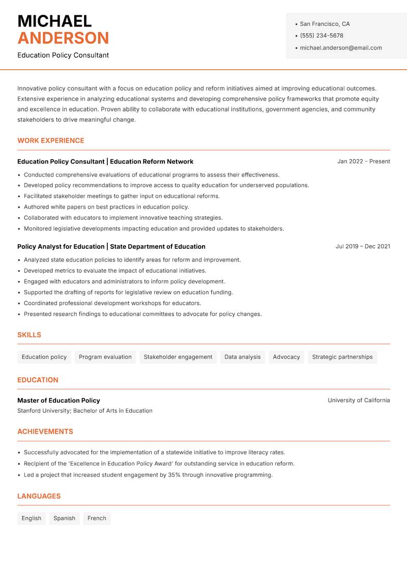 Policy Consultant Resume Template