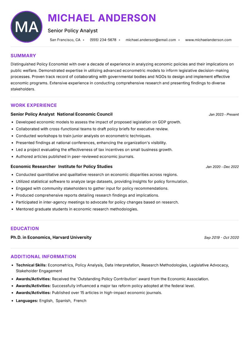 Policy Economist Resume Preview Example