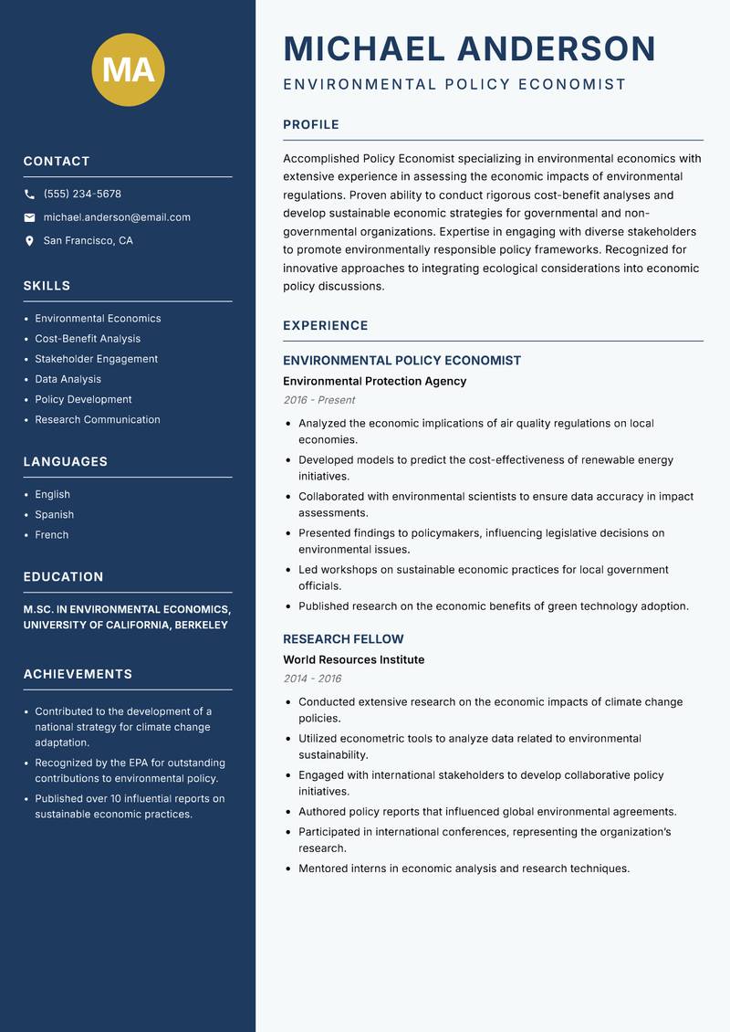 Policy Economist Resume Preview Example