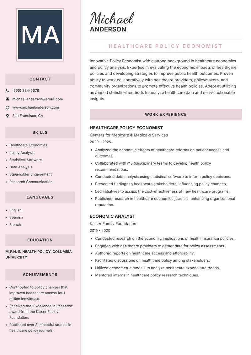 Policy Economist Resume Preview Example