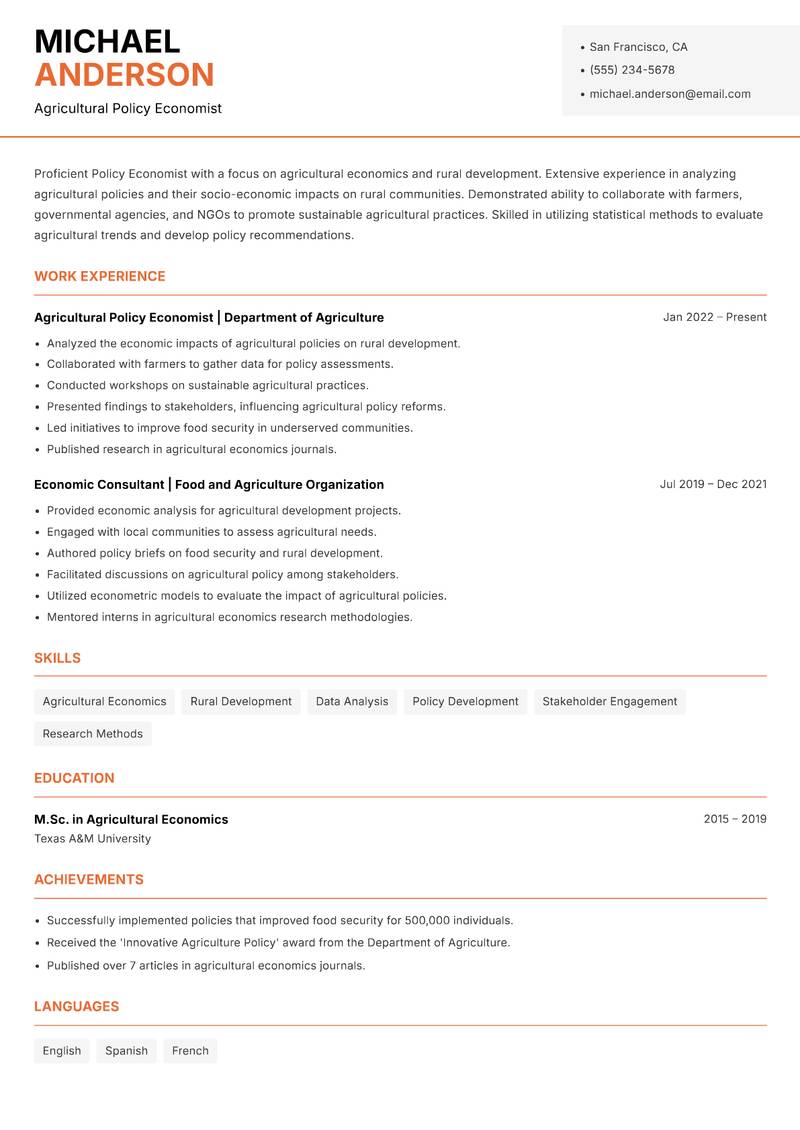 Policy Economist Resume Template