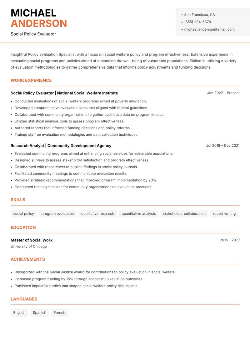 Policy Evaluation Specialist Resume Template