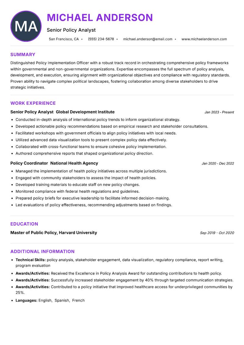 Policy Implementation Officer Resume Preview Example