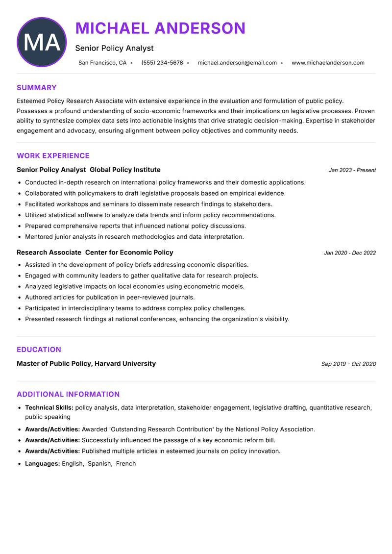 Policy Research Associate Resume Preview Example