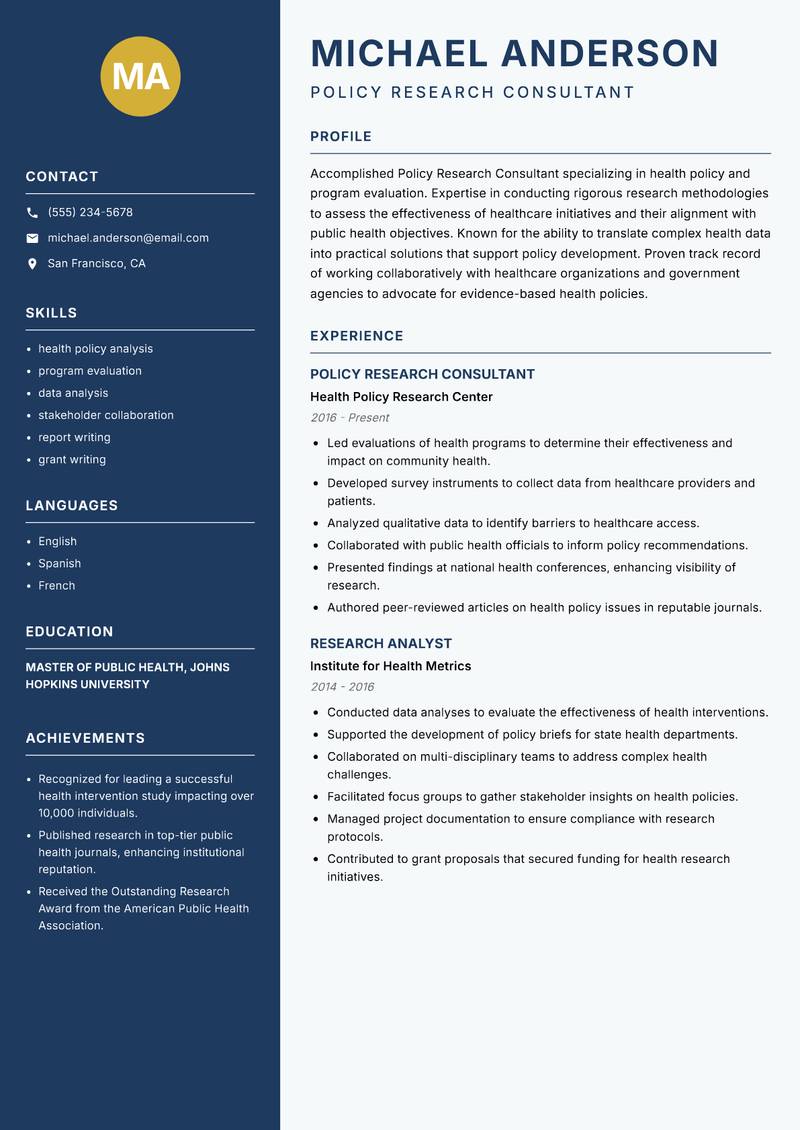 Policy Research Consultant Resume Preview Example