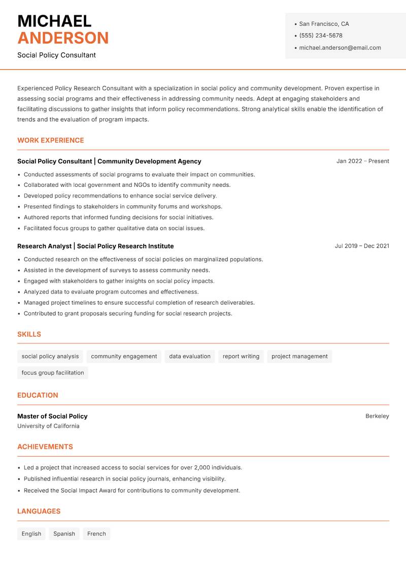 Policy Research Consultant Resume Template