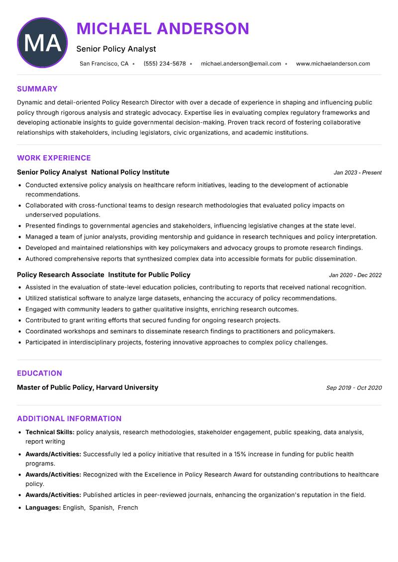 Policy Research Director Resume Preview Example