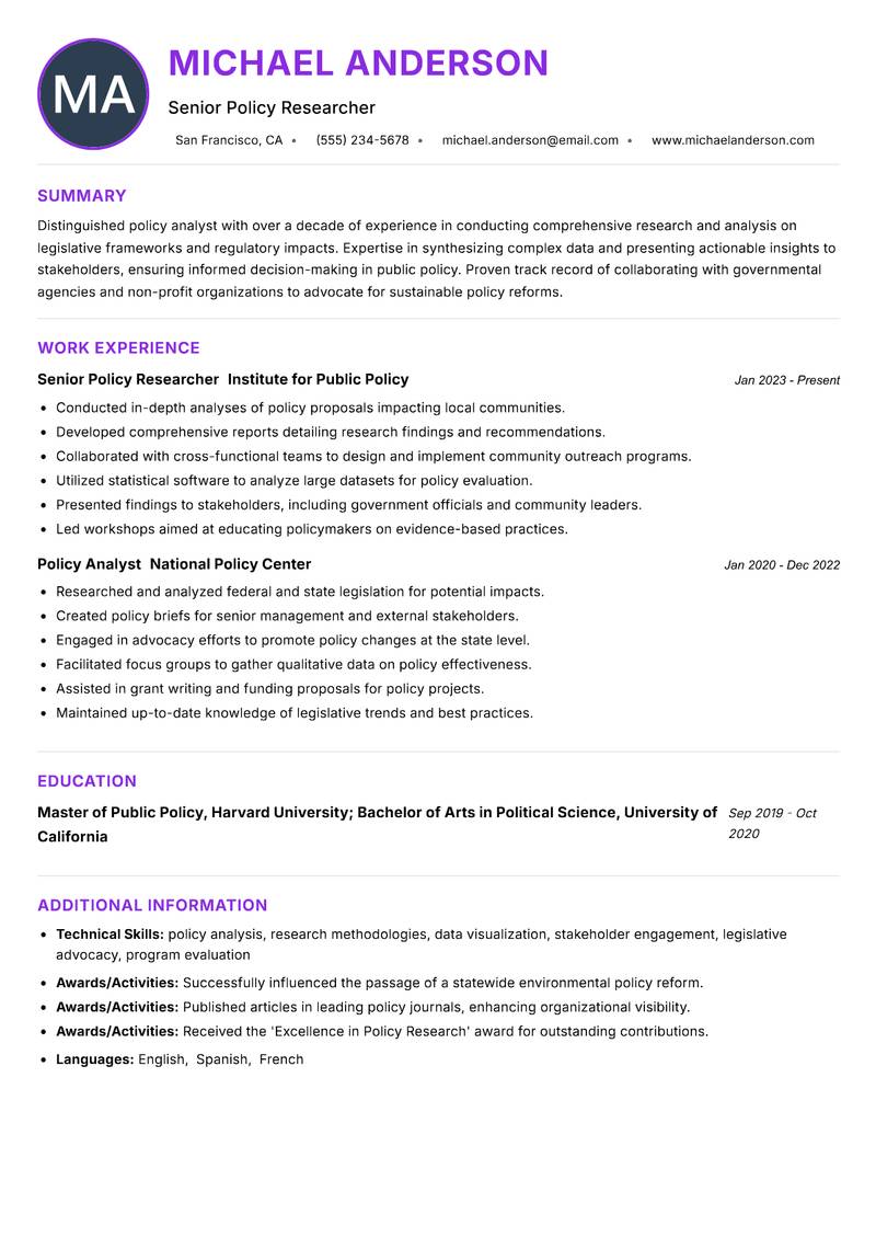 Policy Research Fellow Resume Preview Example