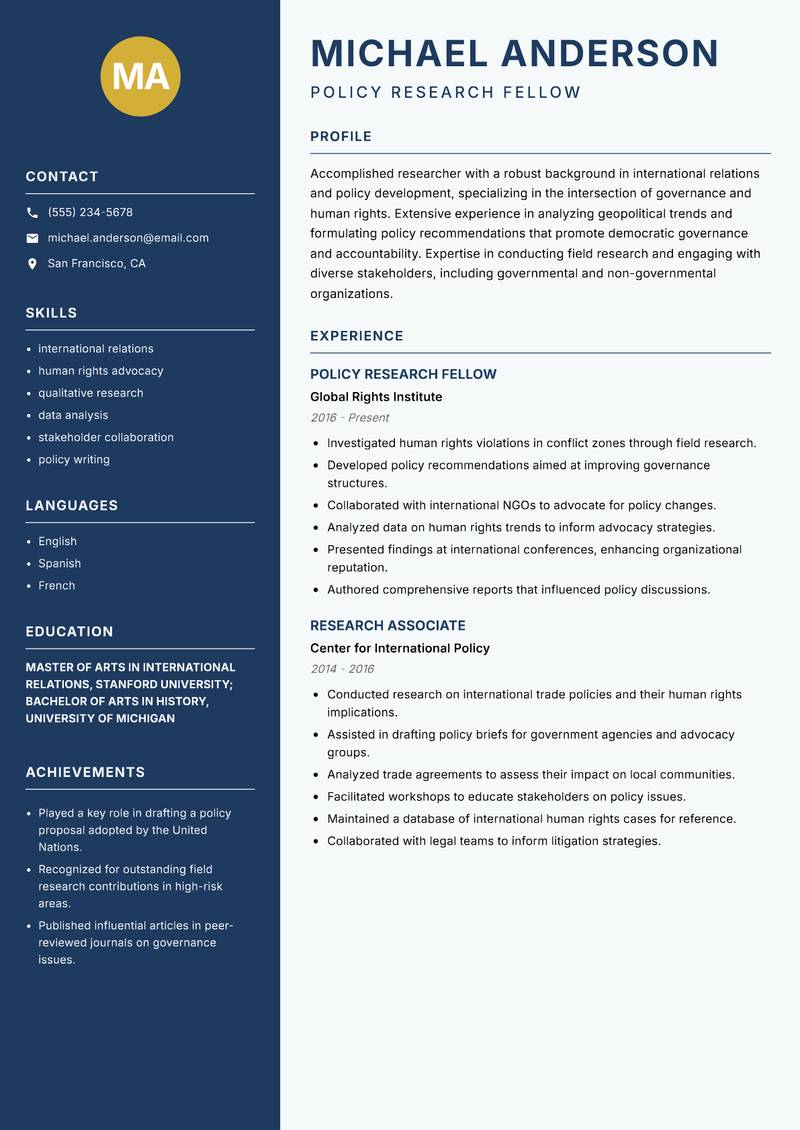 Policy Research Fellow Resume Preview Example