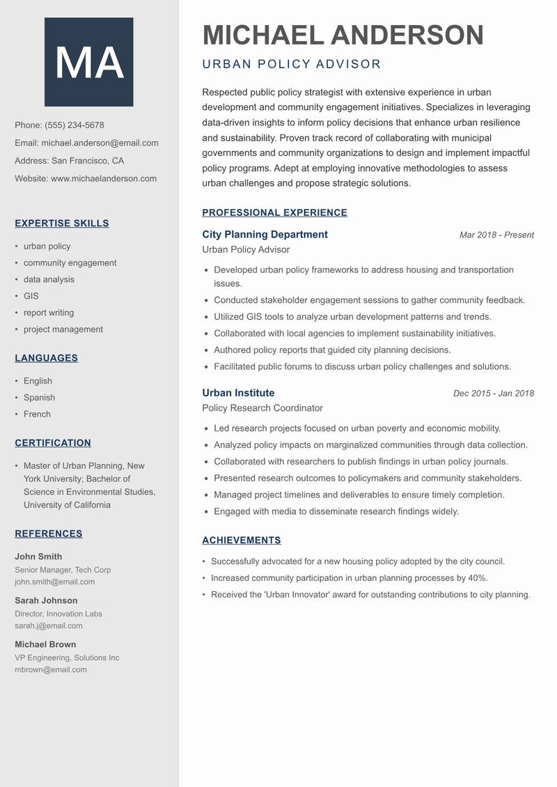 Policy Research Fellow Resume Preview Example