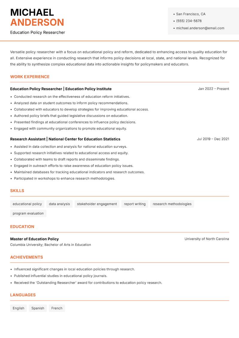 Policy Research Fellow Resume Template
