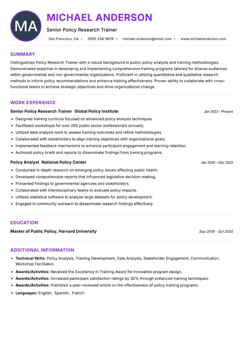 Policy Research Trainer Resume Preview Example
