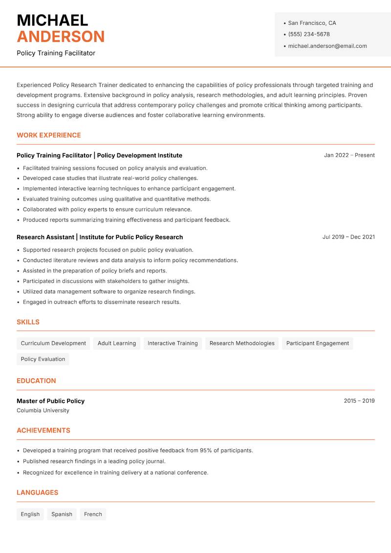Policy Research Trainer Resume Template
