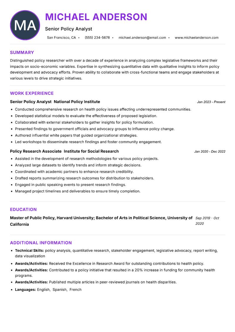Policy Researcher Resume Preview Example